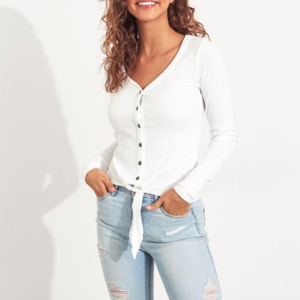 Hollister Waffle Knit Tie-Front Henley Top, Size S